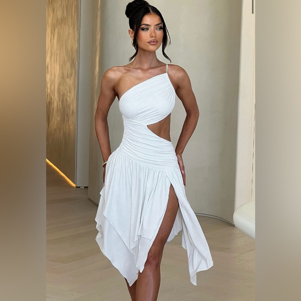 White One-Shoulder Midi Dress